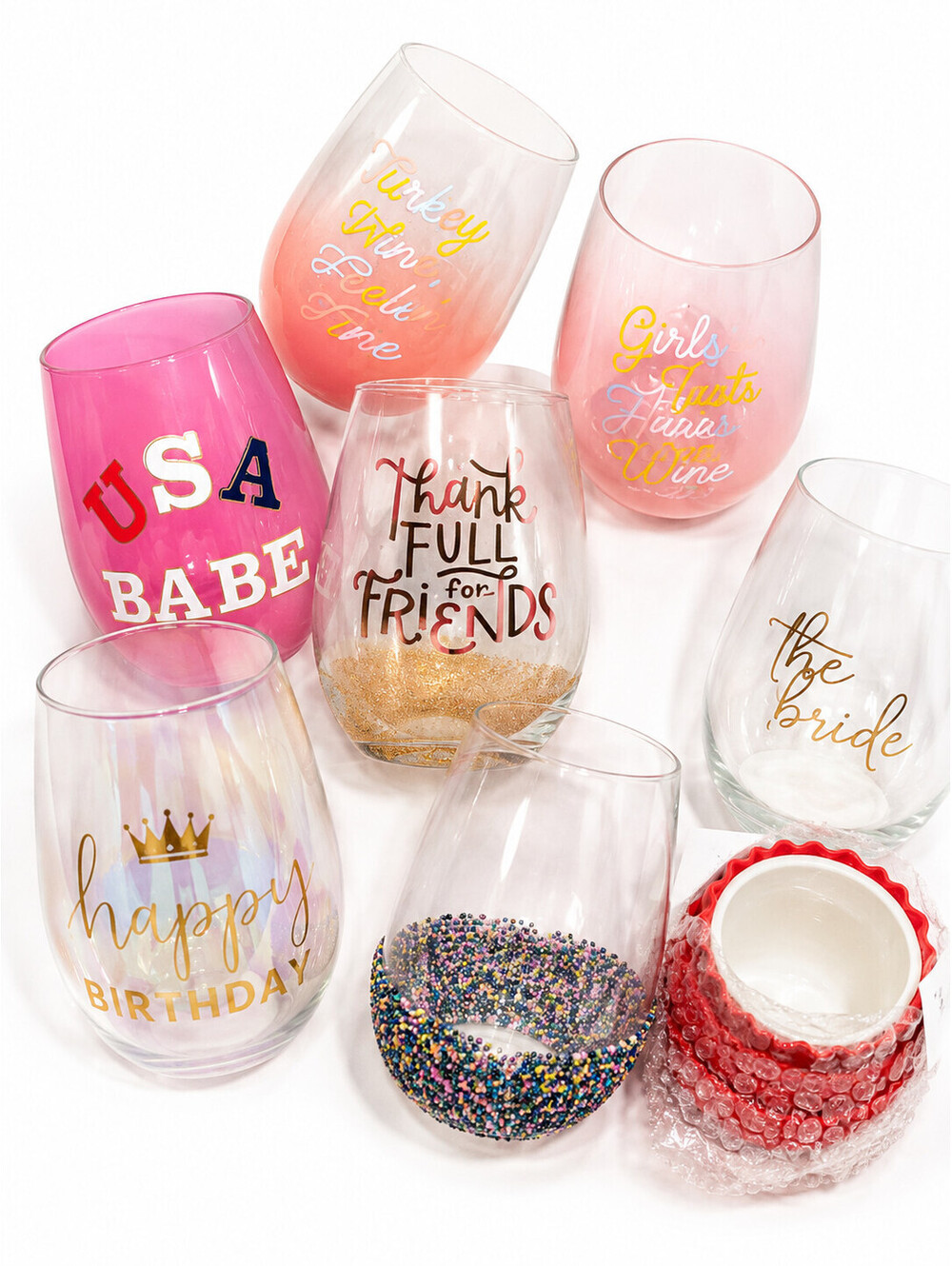 3 Pc Box Stemless Wine Glasses - Random Designs New No Duplicates Fun